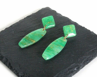 Gold Leaf Earrings, Green Polymer Clay Earrings, Post Earrings, Watercolor Agate Polymer Earrings, Polymer Clay Jewelry, Lightweight Jewelry