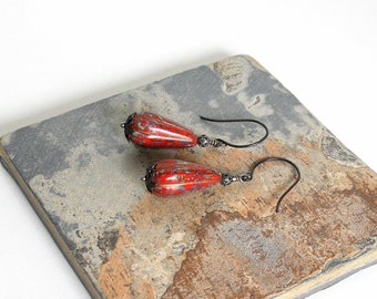 Red Bead Earrings, Picasso Bead Earrings, Teardrop Bead Earrings, Dark Annealed Jewelry, Red Glass Bead Jewelry, Speckled Bead Earrings