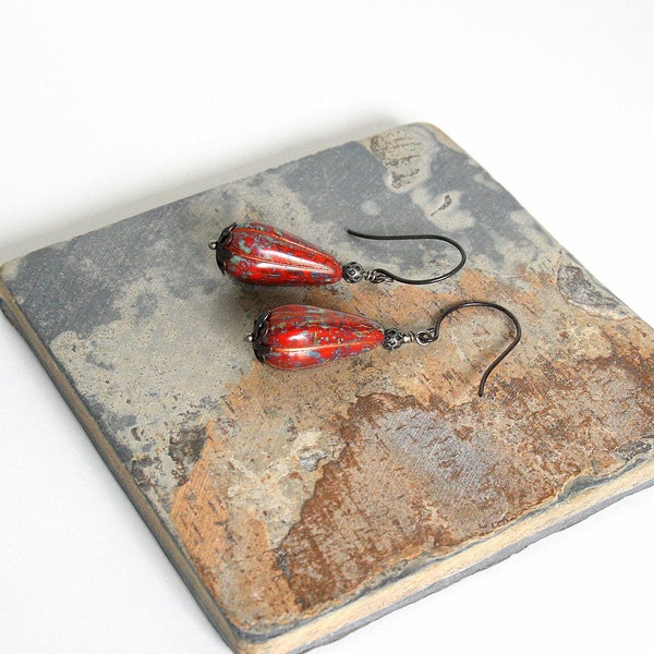 Red Bead Earrings, Picasso Bead Earrings, Teardrop Bead Earrings, Dark Annealed Jewelry, Red Glass Bead Jewelry, Speckled Bead Earrings