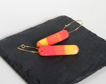 Red Orange Yellow Polymer Clay Earrings: Gold Plated Hoops