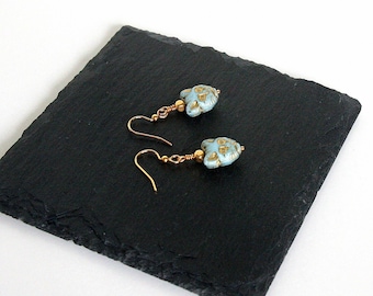 Blue Cat Earrings, Glass Earrings, Gold Bead Earrings, Blue Glass Earrings, Lightweight Earrings, Gold Cat Earrings, Cat Jewelry