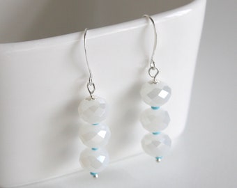 White Bead Earrings, Turquoise Blue Beads, Ice White Earrings, Winter White Earrings, Faceted Bead Earrings, Silver Earrings, White Earrings