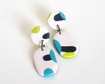 White Oval Polymer Earrings, Blue Dot Earrings, Titanium Post Earrings, Polymer Clay Jewelry, Lightweight Earrings, Polymer Clay Earrings