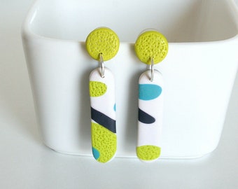 Colorful Polymer Earrings, Polymer Clay Earrings, White Bar Earrings, Green Post Earrings, Polymer Clay Jewelry, Small Batch, Blue Earrings
