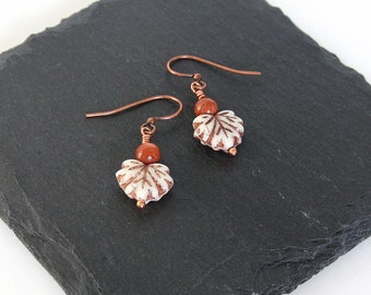 White Maple Leaf Earrings, Glass Earrings, Goldstone Bead Earrings, Leaf Earrings, Lightweight Earrings, Antique Copper Earrings