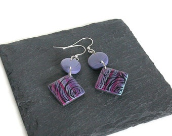 Purple Polymer Earrings, Polymer Clay Earrings, Black Rose Earrings, Polymer Clay Jewelry, Colorful Stripes Earrings, Lightweight Earrings