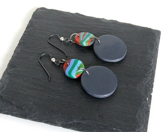 Colorful Circle Earrings, Polymer Clay Earrings, Grey Polymer Earrings, Red Stripe Earrings, Polymer Clay Jewelry, Lightweight Jewelry