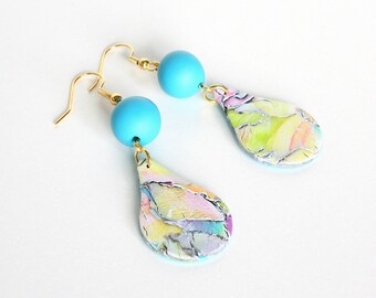 Yellow Watercolor Earrings, Polymer Clay Earrings, Blue Earrings, Teardrop Earrings, Polymer Clay Jewelry, Small Batch, Lightweight Jewelry