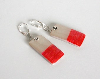 Red Alcohol Ink Earrings: Sterling Silver, Pearl Polymer Clay