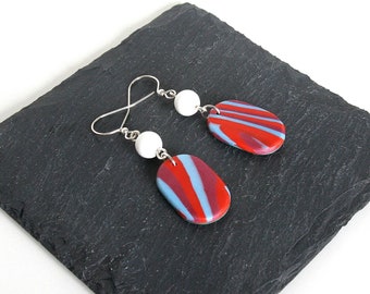 Striped Polymer Earrings, Red Earrings, White Bead Earrings, Blue Earrings, Polymer Clay Jewelry, Small Batch, Lightweight Earrings