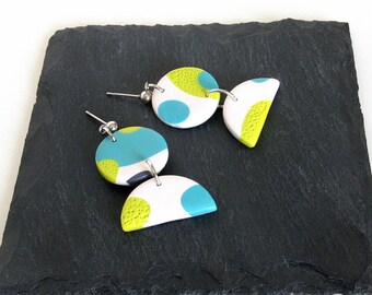 Blue Polymer Earrings, Colorful Polymer Clay Earrings, Half Circle Earrings, Polymer Clay Jewelry, White Earrings, Lightweight Earrings