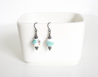 Turquoise Flower Earrings, Ceramic Bead Earrings, Metal Bead Earrings, White Bead Earrings, Lightweight Earrings, Delicate Earrings
