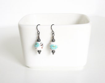 Turquoise Flower Ceramic Bead Earrings: Gunmetal Hematite Hooks