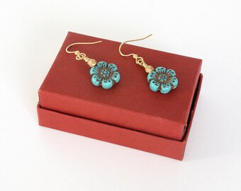 Blue Czech Glass Flower Earrings: Gold Tone Anemone Jewelry