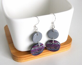 Grey Earrings, Polymer Clay Earrings, Black Rose Earrings, Polymer Clay Jewelry, Purple Earrings, Colorful Earrings, Lightweight Earrings