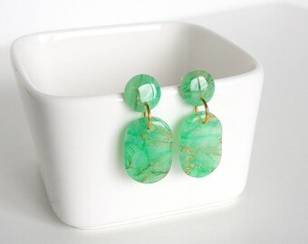 Green Polymer Clay Earrings, Post Earrings, Gold Leaf Earrings, Watercolor Agate Polymer Earrings, Polymer Clay Jewelry, Lightweight Jewelry