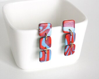Colorful Square Earrings, Blue Red Earrings, Polymer Clay Earrings, Retro Earrings, Polymer Clay Jewelry, Small Batch, Lightweight Jewelry