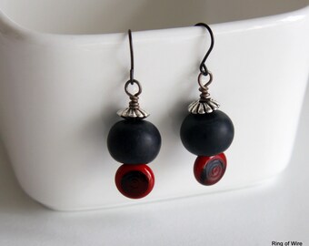 Black Bead Earrings, Polymer Clay Earrings, Clay Bead Earrings, Red Earrings, Lampwork Earrings, Red Bead Earrings, Black Earrings