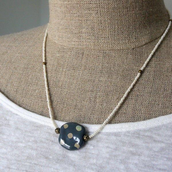 Grey Bead Necklace, Cream Bead Necklace, Kazuri Bead Necklace, Polka Dot Bead Necklace, Fair Trade, Ceramic Bead Jewelry, Lightweight