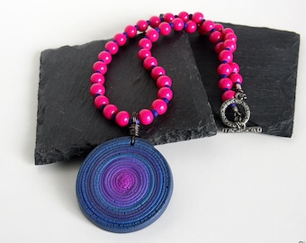 Polymer Clay Necklace, Clay Pendant, Pink Bead Necklace, Blue Clay Necklace, Wrapped Clay Pendant, Spiral Disk Pendant, Clay Medallion