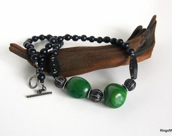 Green Tagua Nut Necklace, Black Bead Necklace, Decorative Bead Necklace, Statement Necklace, Chunky Bead Necklace, Slow Fashion Jewelry