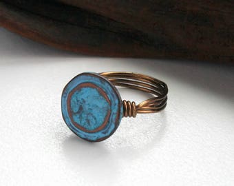 Blue Patina Button Ring: Antiqued Brass Wire Wrapped Metal Ring