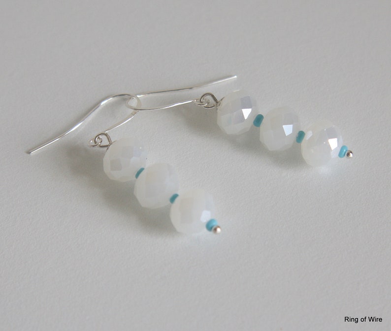 White Bead Earrings, Turquoise Blue Beads, Ice White Earrings, Winter White Earrings, Faceted Bead Earrings, Silver Earrings, White Earrings image 3