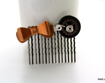 Black Hair Comb, Bronze Bow Hair Comb, Black Button Hair Comb, Copper Gear Hair Comb, Silver Plated Wire Hair Comb, Steampunk Hair Comb