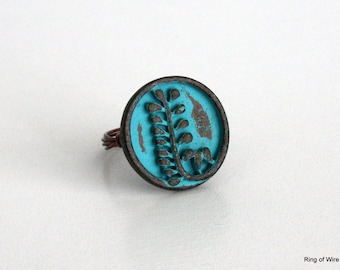 Blue Fern Button Ring: Rustic Patina, Antique Copper Wire
