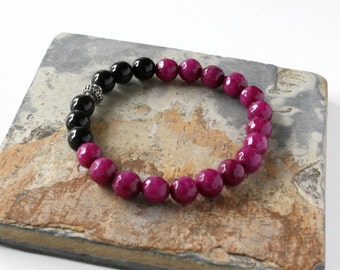 Fuchsia Quartz & Black Crystal Bead Stretch Bracelet