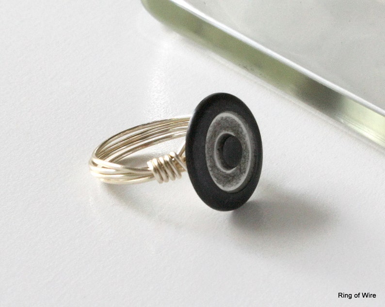 Metal Button Ring, Silver Bullseye Ring, Circle Button Ring, Button Jewelry, Wire Wrapped Ring, Gun Metal Grey Ring, Brushed Metal Ring image 4