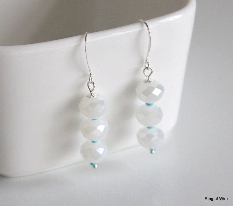 White Bead Earrings, Turquoise Blue Beads, Ice White Earrings, Winter White Earrings, Faceted Bead Earrings, Silver Earrings, White Earrings image 1