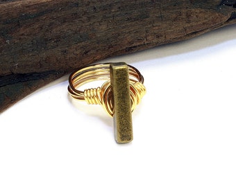 Brass Button Ring, Brass Bar Ring, Gold Bar Ring, Minimalist Ring, Wire Wrapped Ring, Gold Wire Ring, Metal Button Ring, Button Jewelry