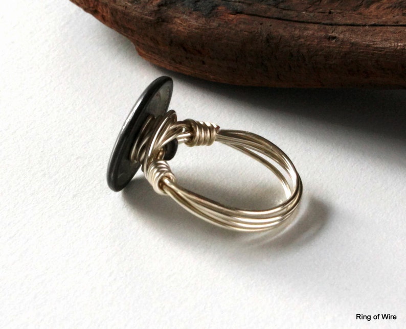 Metal Button Ring, Silver Bullseye Ring, Circle Button Ring, Button Jewelry, Wire Wrapped Ring, Gun Metal Grey Ring, Brushed Metal Ring image 2