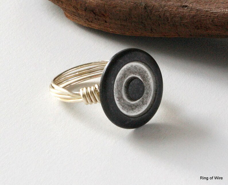 Metal Button Ring, Silver Bullseye Ring, Circle Button Ring, Button Jewelry, Wire Wrapped Ring, Gun Metal Grey Ring, Brushed Metal Ring image 1