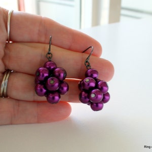 Purple Pearl Earrings, Purple Cluster Earrings, Pearl Cluster Earrings, Grape Cluster Earrings, Purple Bead Earrings, Dangle Earrings image 5