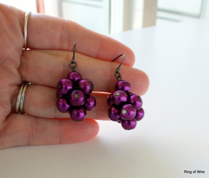 Purple Pearl Earrings, Purple Cluster Earrings, Pearl Cluster Earrings, Grape Cluster Earrings, Purple Bead Earrings, Dangle Earrings image 5