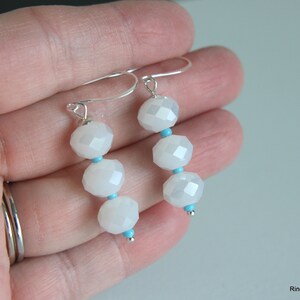 White Bead Earrings, Turquoise Blue Beads, Ice White Earrings, Winter White Earrings, Faceted Bead Earrings, Silver Earrings, White Earrings image 6