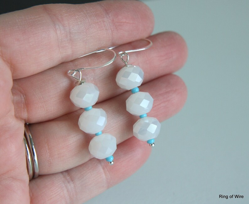 White Bead Earrings, Turquoise Blue Beads, Ice White Earrings, Winter White Earrings, Faceted Bead Earrings, Silver Earrings, White Earrings image 6