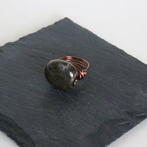 Black Porcelain Bead Ring, Grey Bead Ring, Antique Copper Plated Wire Ring, Wire Wrapped Ring, Chunky Bead Ring, Statement Ring