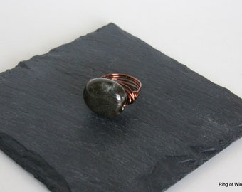 Black Porcelain Bead Ring, Grey Bead Ring, Antique Copper Plated Wire Ring, Wire Wrapped Ring, Chunky Bead Ring, Statement Ring