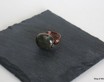 Black Porcelain Bead Ring: Antique Copper Wire Wrapped Statement Ring