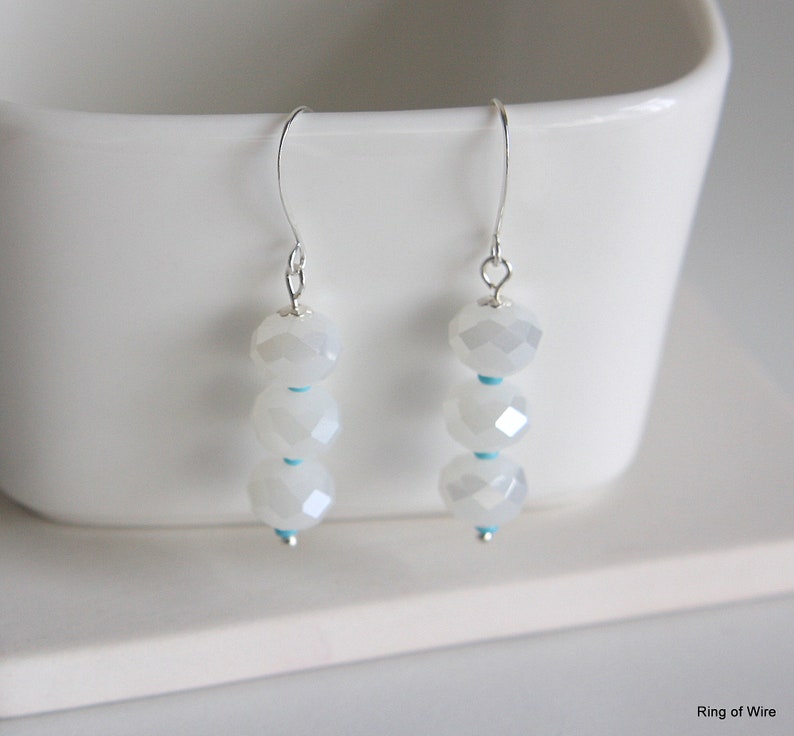 White Bead Earrings, Turquoise Blue Beads, Ice White Earrings, Winter White Earrings, Faceted Bead Earrings, Silver Earrings, White Earrings image 4