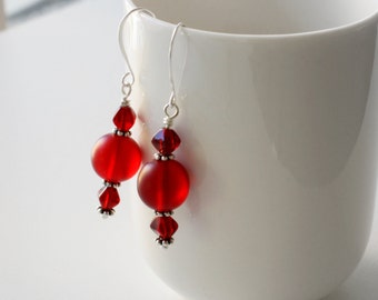 Red Bead Earrings, Scarlet Red Earrings, Glass Bead Earrings, Dark Red Earrings, Frosted Glass Earrings, Formal Earrings