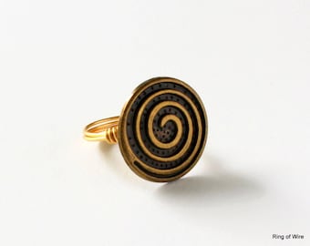 Spiral Button Ring: Antique Brass, Wire Wrapped Statement Jewelry