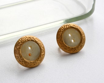Vintage Cream Button Clip On Earrings: Gold Plated