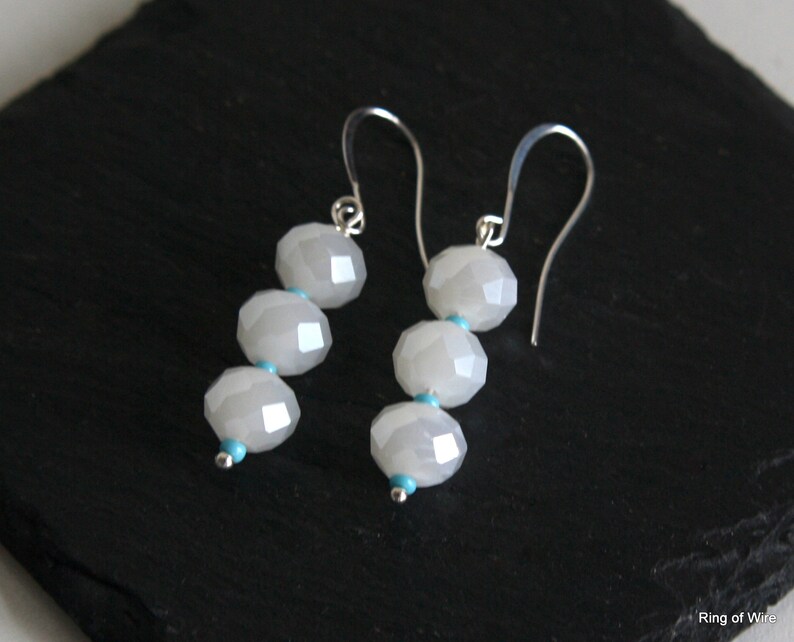 White Bead Earrings, Turquoise Blue Beads, Ice White Earrings, Winter White Earrings, Faceted Bead Earrings, Silver Earrings, White Earrings image 2