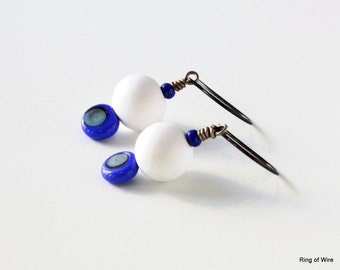 White Bead Earrings, Polymer Clay Earrings, Clay Bead Earrings, Cobalt Blue Earrings, Lampwork Earrings, Blue Bead Earrings, White Earrings