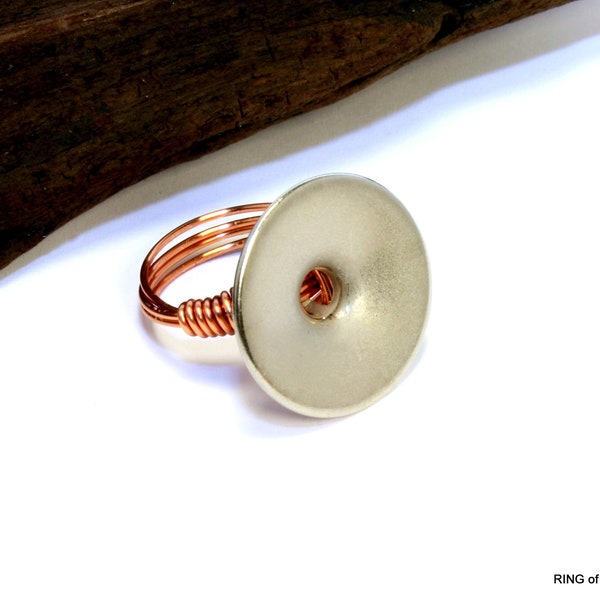 Silver Button Ring, Silver Funnel Ring, Funnel Button Ring, Silver Disk Ring, Wire Wrapped Ring, Copper Wire Ring, Cymbal Button Ring