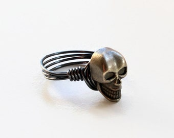 Skull Button Ring, Silver Skull Ring, Gun Metal Button Ring, Wire Wrapped Ring, Hematite Wire Ring, Metal Skull Ring, Grinning Skull Ring